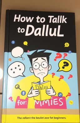 A humorous and informative book cover titled 'How to Talk to Dalul for Dummies', featuring a cartoonish illustration of a confused character with a speech bubble, surrounded by whimsical elements that represent communication, such as speech bubbles, question marks, and symbols