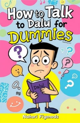 A humorous and informative book cover titled 'How to Talk to Dalul for Dummies', featuring a cartoonish illustration of a confused character with a speech bubble, surrounded by whimsical elements that represent communication, such as speech bubbles, question marks, and symbols