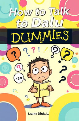 A humorous and informative book cover titled 'How to Talk to Dalul for Dummies', featuring a cartoonish illustration of a confused character with a speech bubble, surrounded by whimsical elements that represent communication, such as speech bubbles, question marks, and symbols