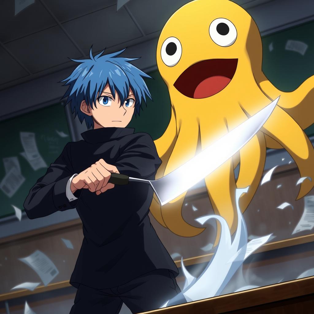 An intense anime-style scene depicting Nagisa Shiota, a young assassin, in a dramatic pose as he prepares to confront Korosensei, a large yellow octopus-like creature with a cheerful smile