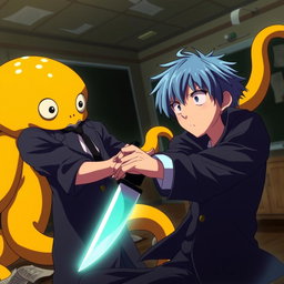 An intense anime-style scene depicting Nagisa Shiota, a young assassin, in a dramatic pose as he prepares to confront Korosensei, a large yellow octopus-like creature with a cheerful smile