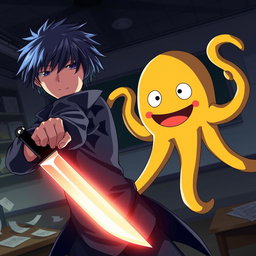 An intense anime-style scene depicting Nagisa Shiota, a young assassin, in a dramatic pose as he prepares to confront Korosensei, a large yellow octopus-like creature with a cheerful smile