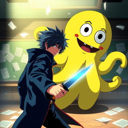 An intense anime-style scene depicting Nagisa Shiota, a young assassin, in a dramatic pose as he prepares to confront Korosensei, a large yellow octopus-like creature with a cheerful smile
