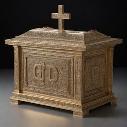 An illuminated Ark of the Covenant adorned with a petite cross on the top. The word 'GOD' in Hebrew is intricately engraved in a Polynesian style on its surface