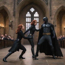 Batman and Black Widow engaged in a thrilling fight within the enchanting halls of Hogwarts.