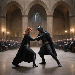 Batman and Black Widow engaged in a thrilling fight within the enchanting halls of Hogwarts.