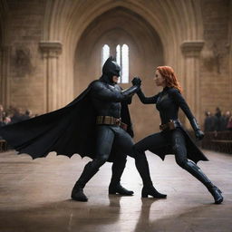 Batman and Black Widow engaged in a thrilling fight within the enchanting halls of Hogwarts.