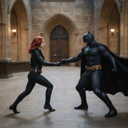 Batman and Black Widow engaged in a thrilling fight within the enchanting halls of Hogwarts.