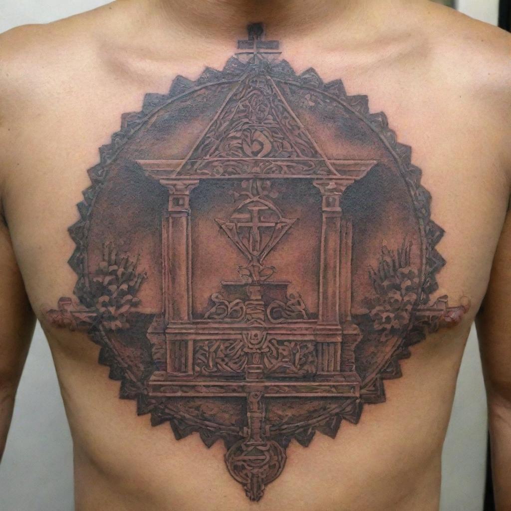 An intricate Polynesian tattoo featuring the Ark of the Covenant adorned with a small cross on top and the Hebrew word for GOD