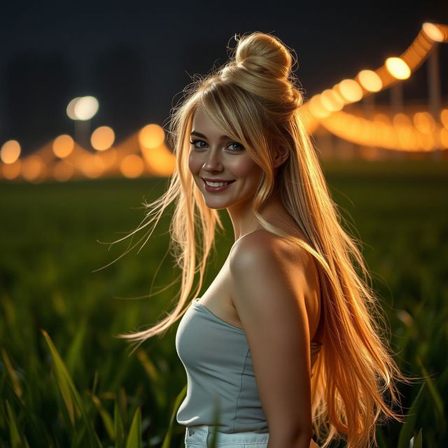 A stunning Russian girl with straight blonde hair styled in an elegant bun, smiling softly amidst a lush green field