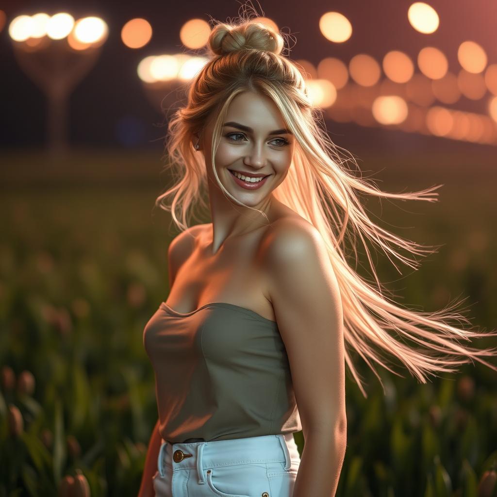 A stunning Russian girl with straight blonde hair styled in an elegant bun, smiling softly amidst a lush green field