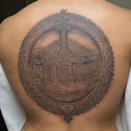 An intricate Polynesian tattoo featuring the Ark of the Covenant adorned with a small cross on top and the Hebrew word for GOD