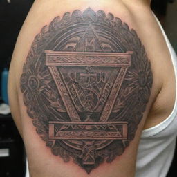 An intricate Polynesian tattoo featuring the Ark of the Covenant adorned with a small cross on top and the Hebrew word for GOD