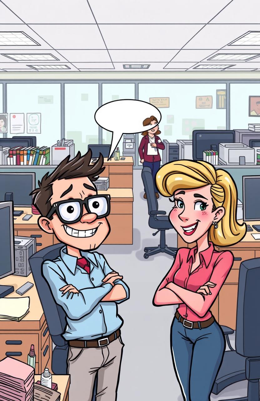 A humorous and lighthearted cartoon-style illustration of a clumsy office worker trying to flirt with their attractive coworker