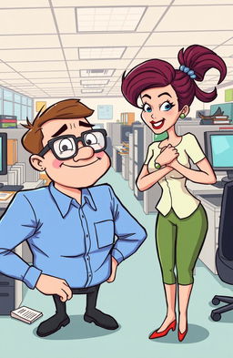 A humorous and lighthearted cartoon-style illustration of a clumsy office worker trying to flirt with their attractive coworker