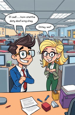 A humorous and lighthearted cartoon-style illustration of a clumsy office worker trying to flirt with their attractive coworker