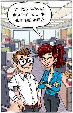 A humorous and lighthearted cartoon-style illustration of a clumsy office worker trying to flirt with their attractive coworker