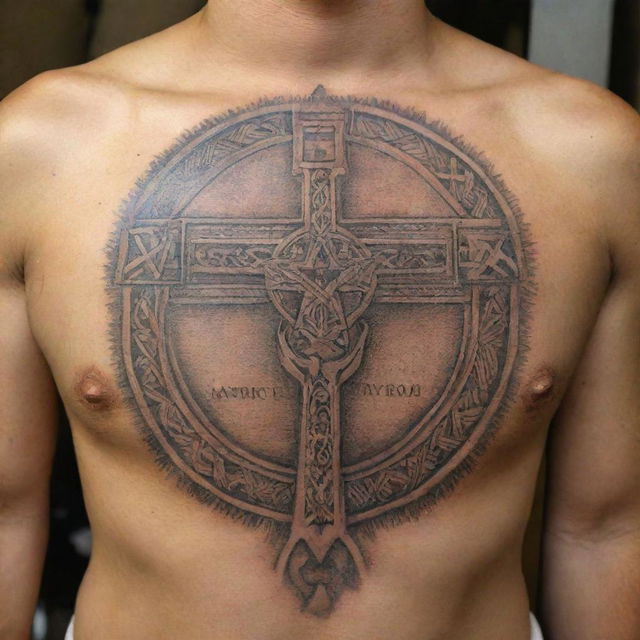 An intricate Polynesian tattoo featuring the Ark of the Covenant adorned with a small cross on top and the Hebrew word for GOD