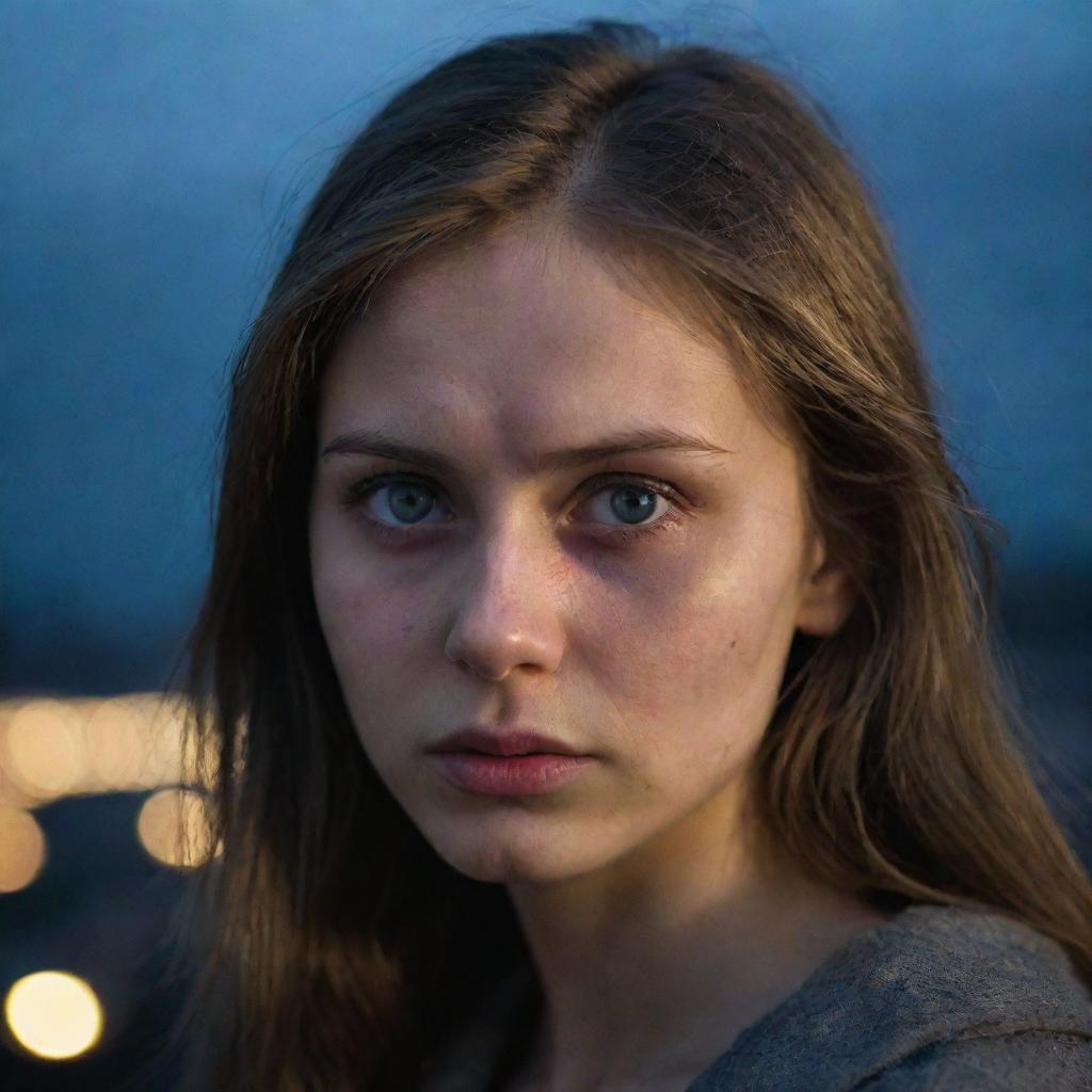 16k resolution raw photograph of a beautiful, sad 23-year-old Russian woman with mesmerizing eyes against a cityscape. Low light, side head view shot by James Nachtwey, unedited.