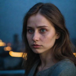 16k resolution raw photograph of a beautiful, sad 23-year-old Russian woman with mesmerizing eyes against a cityscape. Low light, side head view shot by James Nachtwey, unedited.