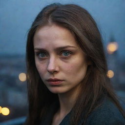 16k resolution raw photograph of a beautiful, sad 23-year-old Russian woman with mesmerizing eyes against a cityscape. Low light, side head view shot by James Nachtwey, unedited.