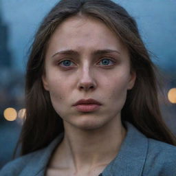 16k resolution raw photograph of a beautiful, sad 23-year-old Russian woman with mesmerizing eyes against a cityscape. Low light, side head view shot by James Nachtwey, unedited.