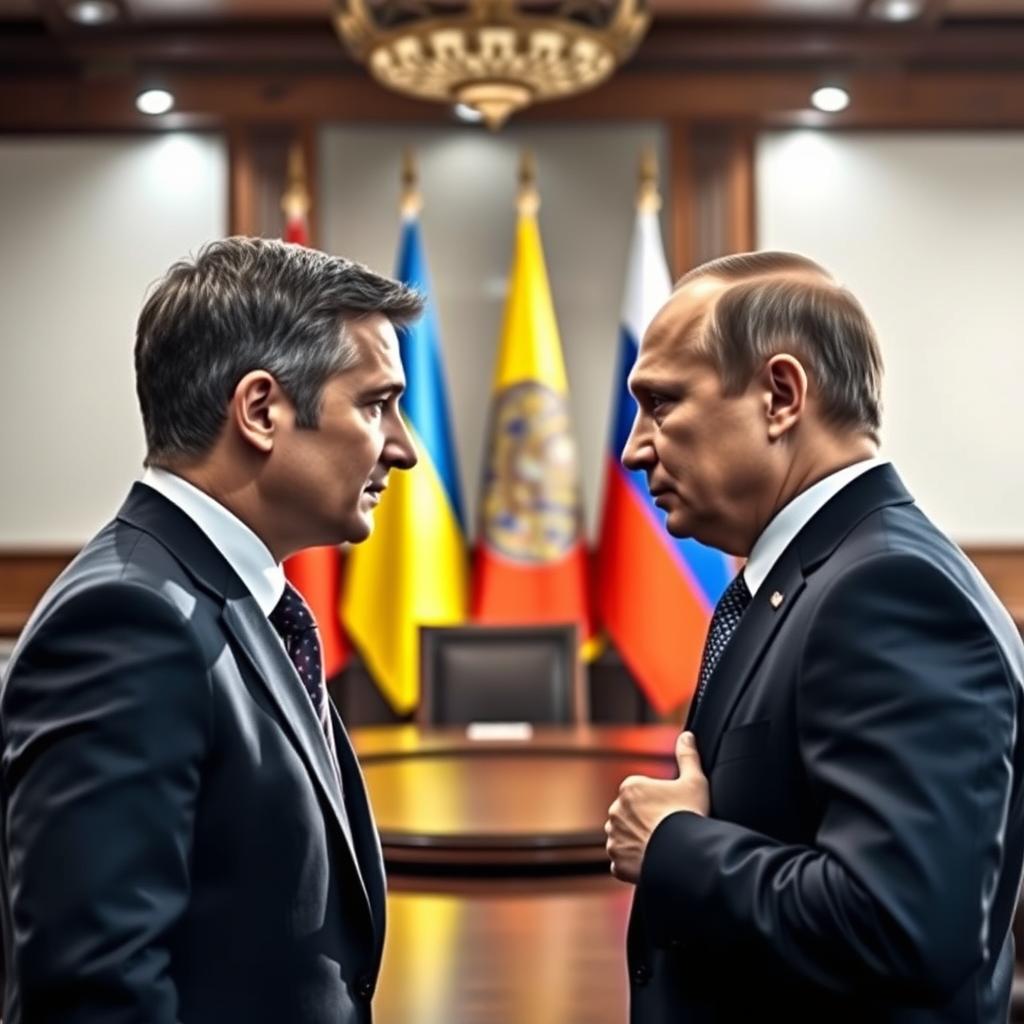 President of Ukraine Volodymyr Zelensky and President of Russia Vladimir Putin face each other, set in a diplomatic meeting room