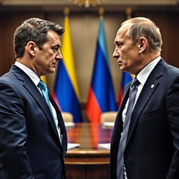 President of Ukraine Volodymyr Zelensky and President of Russia Vladimir Putin face each other, set in a diplomatic meeting room