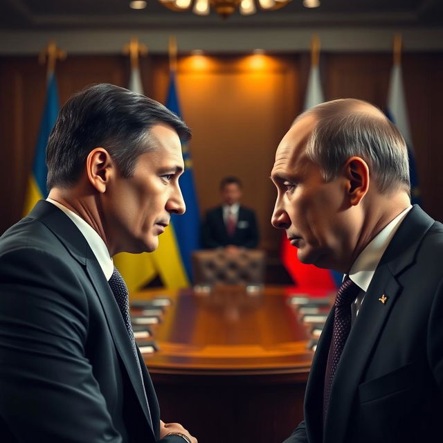 President of Ukraine Volodymyr Zelensky and President of Russia Vladimir Putin face each other, set in a diplomatic meeting room