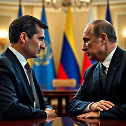 President of Ukraine Volodymyr Zelensky and President of Russia Vladimir Putin face each other, set in a diplomatic meeting room