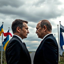 Ukrainian President Volodymyr Zelensky and Russian President Vladimir Putin gazing at each other from opposite sides of their nations' borders, set against a dramatic backdrop of their respective flags fluttering proudly