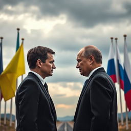 Ukrainian President Volodymyr Zelensky and Russian President Vladimir Putin gazing at each other from opposite sides of their nations' borders, set against a dramatic backdrop of their respective flags fluttering proudly