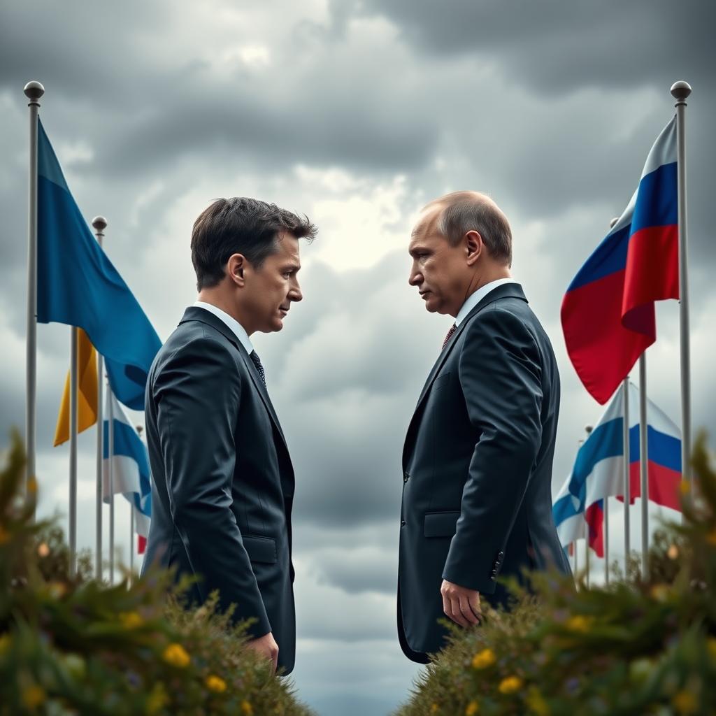 Ukrainian President Volodymyr Zelensky and Russian President Vladimir Putin gazing at each other from opposite sides of their nations' borders, set against a dramatic backdrop of their respective flags fluttering proudly