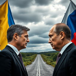 Ukrainian President Volodymyr Zelensky and Russian President Vladimir Putin gazing at each other from opposite sides of their nations' borders, set against a dramatic backdrop of their respective flags fluttering proudly