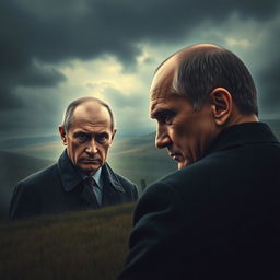 A dramatic scene depicting the borders of Ukraine, with a menacing portrayal of Volodymyr Zelensky gazing fiercely at Vladimir Putin across the border