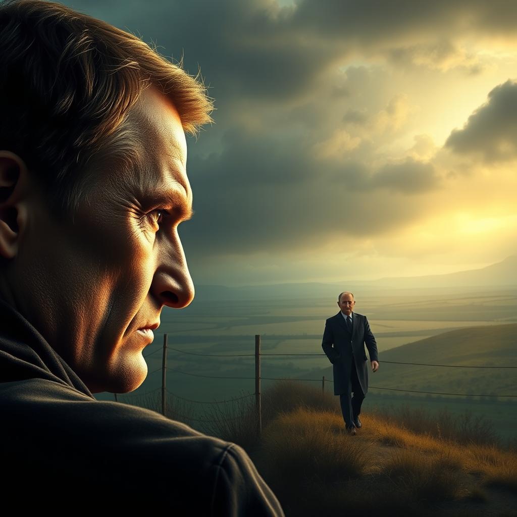 A dramatic scene depicting the borders of Ukraine, with a menacing portrayal of Volodymyr Zelensky gazing fiercely at Vladimir Putin across the border