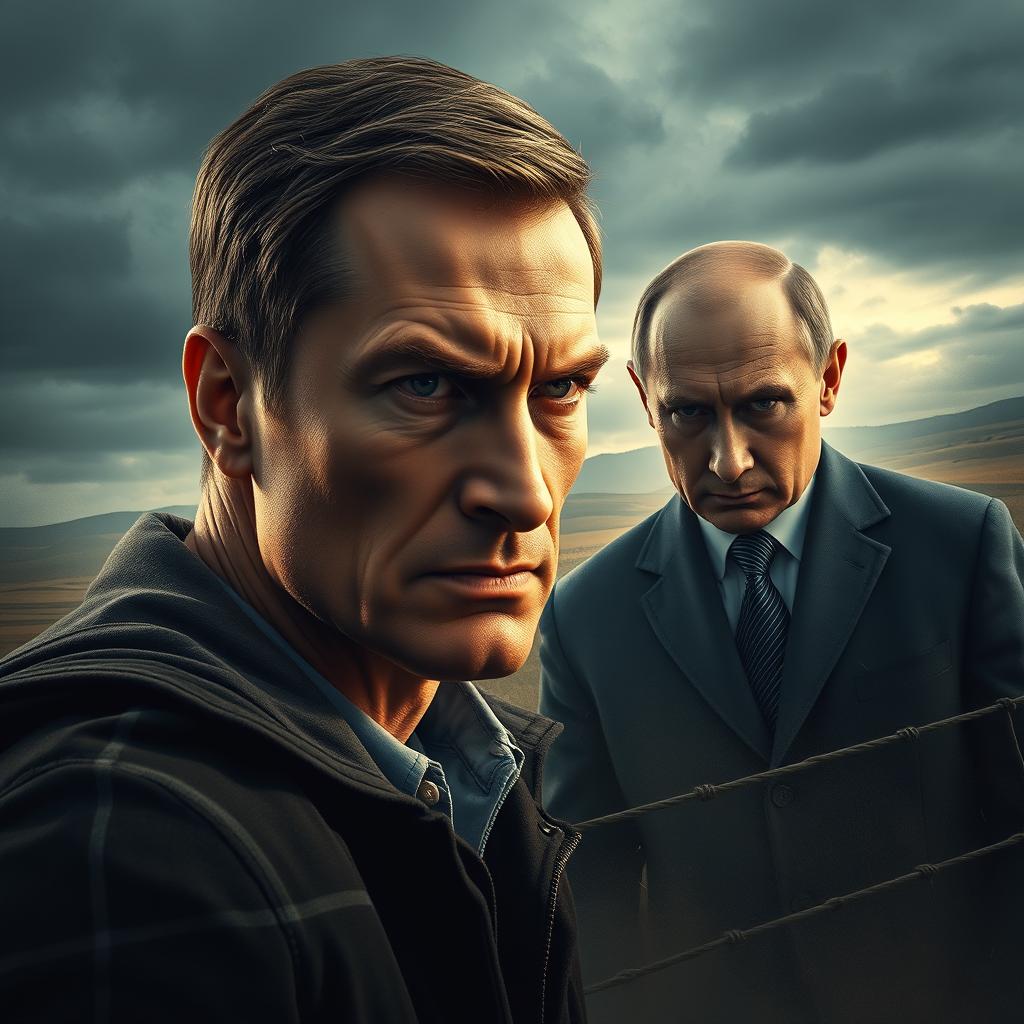 A dramatic scene depicting the borders of Ukraine, with a menacing portrayal of Volodymyr Zelensky gazing fiercely at Vladimir Putin across the border