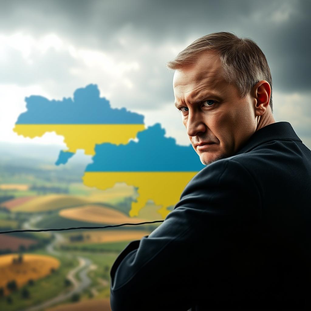 A dramatic scene depicting the borders of Ukraine and Russia, with a fierce portrayal of Volodymyr Zelensky glaring at Vladimir Putin across the boundary