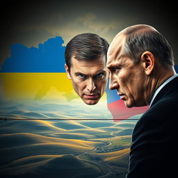 A dramatic scene depicting the borders of Ukraine and Russia, with a fierce portrayal of Volodymyr Zelensky glaring at Vladimir Putin across the boundary