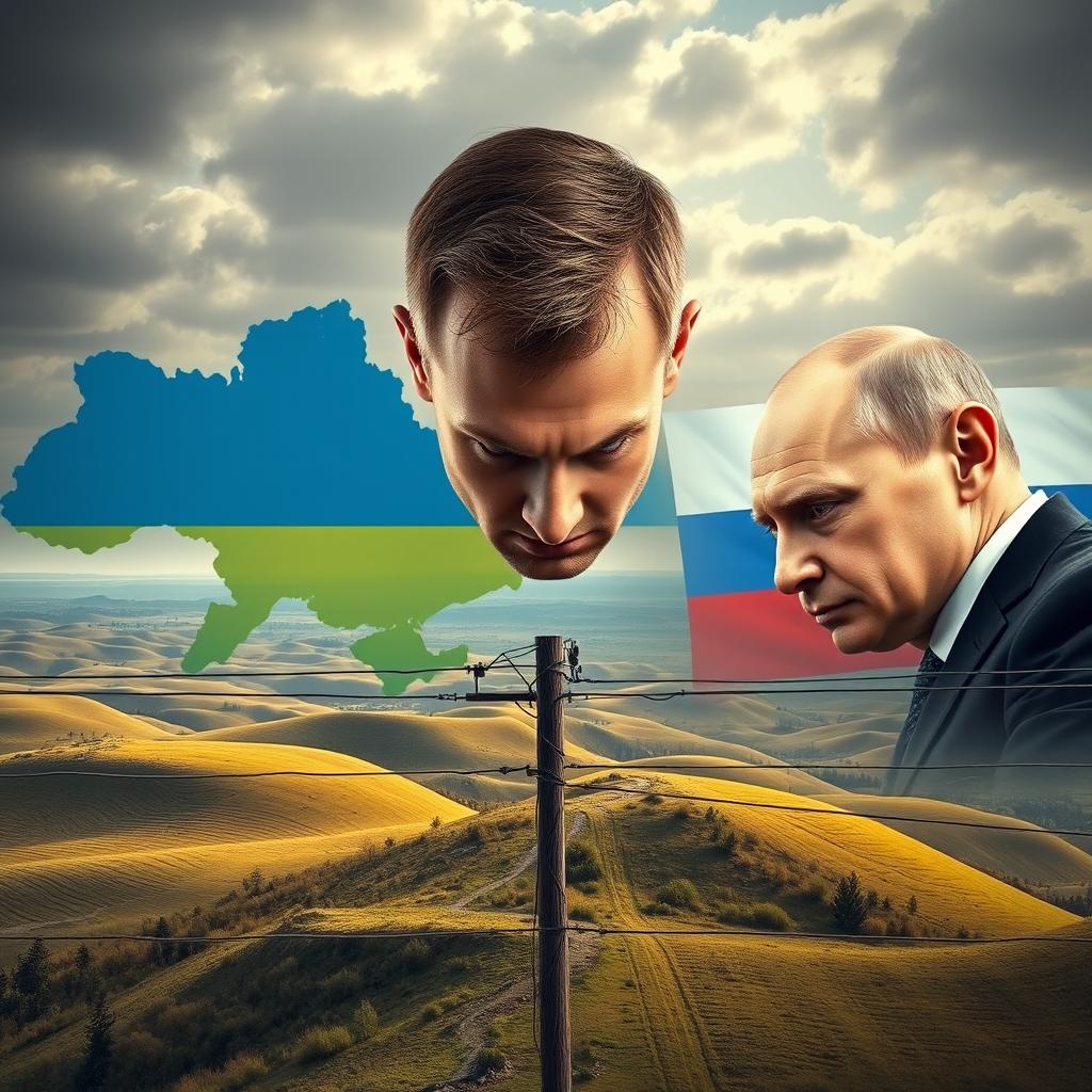 A dramatic scene depicting the borders of Ukraine and Russia, with a fierce portrayal of Volodymyr Zelensky glaring at Vladimir Putin across the boundary