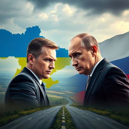 A dramatic scene depicting the borders of Ukraine and Russia, with a fierce portrayal of Volodymyr Zelensky glaring at Vladimir Putin across the boundary