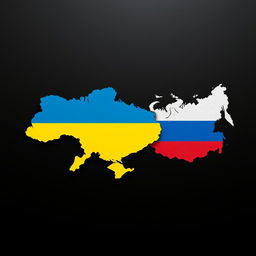 An artistic representation of the maps of Ukraine and Russia on a sleek black background