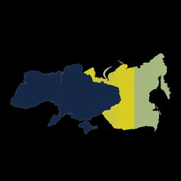 An artistic representation of the maps of Ukraine and Russia on a sleek black background