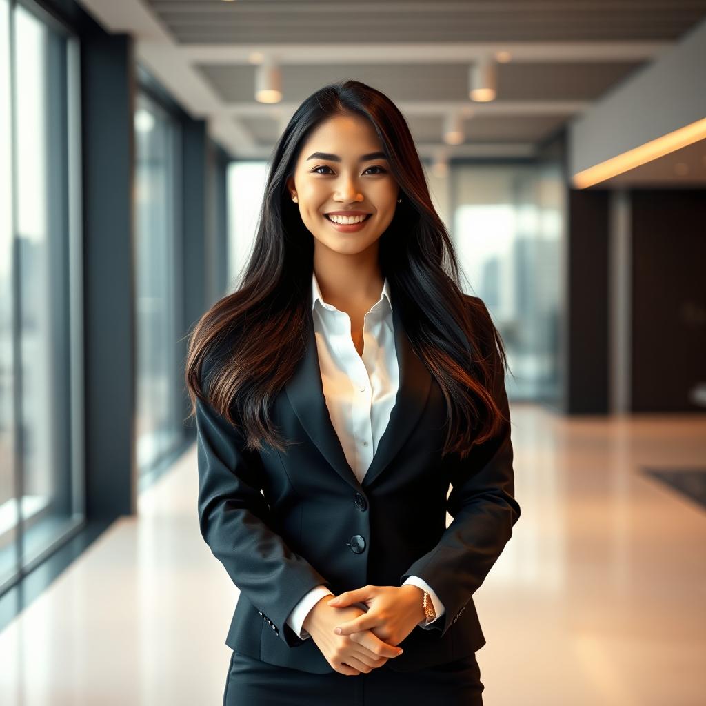 A charming young woman CEO standing confidently in a modern office environment, wearing a stylish business suit