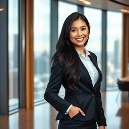 A charming young woman CEO standing confidently in a modern office environment, wearing a stylish business suit