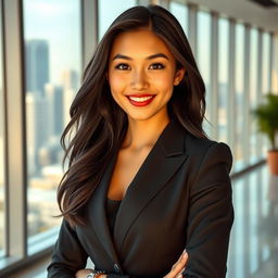 A charming young woman CEO standing confidently in a modern office environment, wearing a stylish business suit