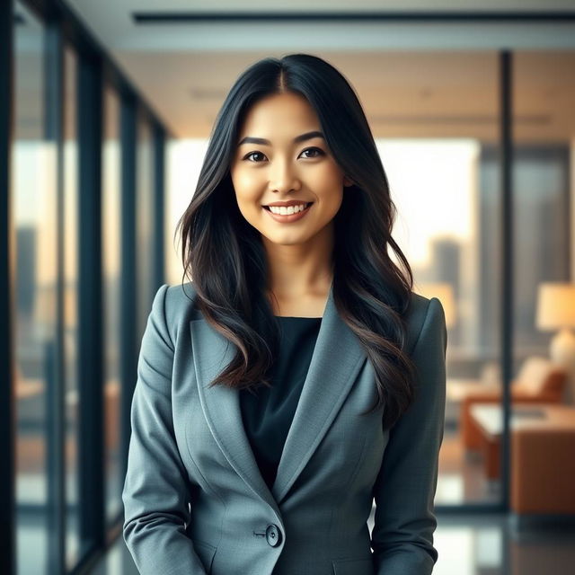 A charming young woman CEO standing confidently in a modern office environment, wearing a stylish business suit