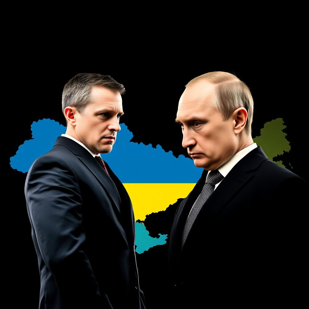 A striking visual featuring the maps of Ukraine and Russia against a bold black background