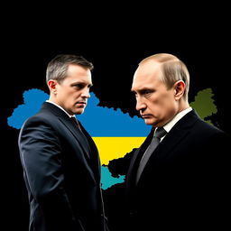 A striking visual featuring the maps of Ukraine and Russia against a bold black background