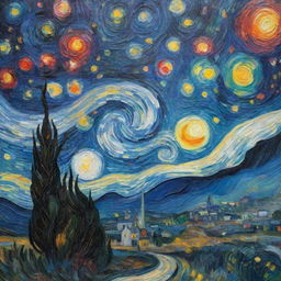 A modern interpretation of Van Gogh's 'Starry Night' with vibrant colors and abstract shapes.